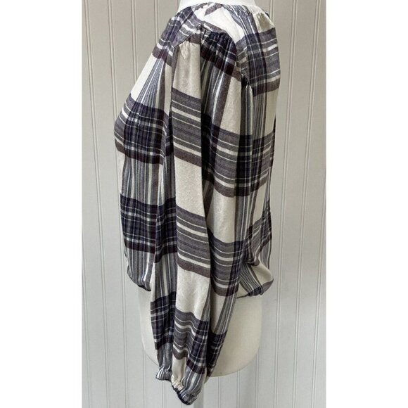 Anthropology Cloth &Stone Dark Purple Cream Plaid Elastic Neck Waist Crop Top-PS - Picture 6 of 12